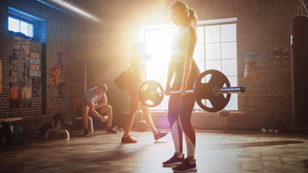 Beautiful Fit Athletic Blond Female is Lifting a Barbell from the Ground and Doing Back Strengthening Exercise as Her Daily Fitness Training Routine. Shes Working Out in Loft Gym with Warm Sun Flare.の写真素材