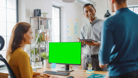 Three Start-up Entrepreneurs Work on Desktop Computer with Green Mock-up Screen, They Discuss Project Design, Use Touch Screen Digital Tablet. Modern Stylish Office with Diverse Team of Professionals.の写真素材