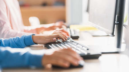 Close-up in School Computer Science Classroom: Smart Little Schoolchildren Working Personal Computers, Typing on Keyboards, Using Computer Mouse. Schoolchildren Getting Modern Education. Focus on Handの写真素材