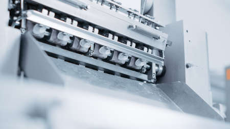 Close Up Shot of the Automatic Machine Production Process at a Dumpling Factory. Fresh Raw Pelmeni...
