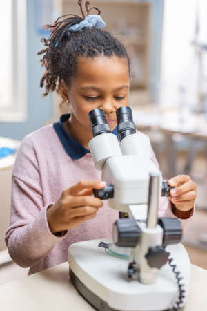 Portrait of Smart Little Schoolgirl Looking Under the Microscope. In Elementary School Classroom Cute Girl Uses Microscope. STEM science, technology, engineering and mathematics Education Programの写真素材