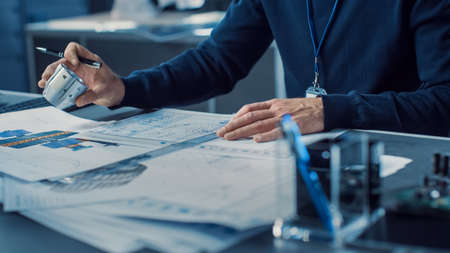 Heavy Industry Engineer Draws Engine Concept Blueprint. Engineering Bureau and Industrial Design...