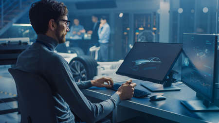 Professional Automotive Graphic Designer is Working on Concept Car Render with a Stylus Pen in a...
