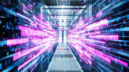 Shot of Corridor in Working Data Center Full of Rack Servers and Supercomputers with Pink Neon...