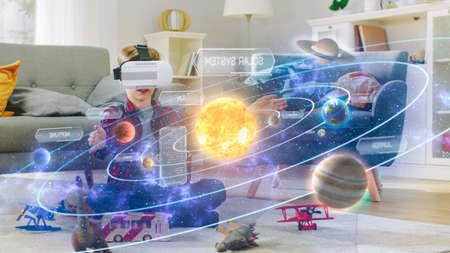 Smart Little Boy Wearing Virtual Reality Headset and Looking at Our Digitally Generated Solar System...