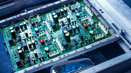 Electronic Printed Circuit Board with Microchips, Transistors, Semiconductors, Capacitors Water...