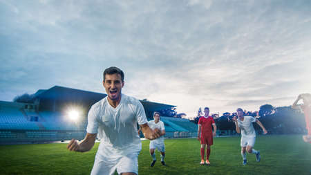 Portrait Shot of Captain of the Soccer Team Celebrates Awesome Victory with His Team, Doing YES...