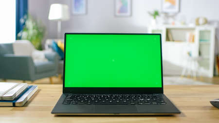 Modern Laptop with Green Mock-up Screen Display Standing on the Desk in the Cozy Living Room. Man...