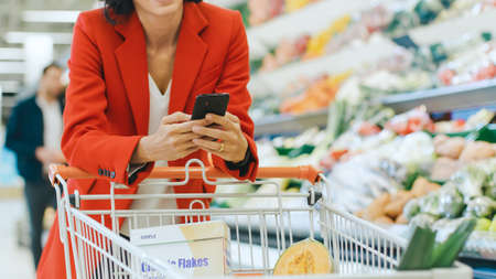 At the Supermarket: Woman Uses Smartphone, Leans on the Shopping Cart. In the Big Mall Woman...