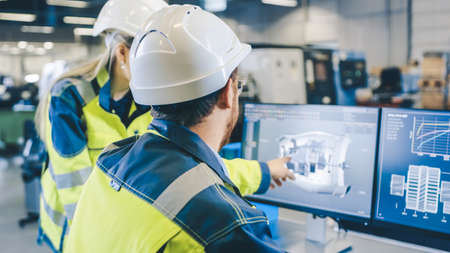 At the Factory: Male Mechanical Engineer and Female Chief Engineer Work Together on the Personal...