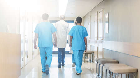 Back View of the Team of Doctors, Nurses and Assistants Walking through the Hallway of the Hospital. Professional Medical Personnel Working, Saving Lives.の写真素材