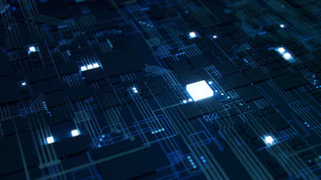 3D Render of a macro view of a Futuristic Electronic Circuit Board with Microchips and Prosessors....