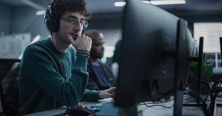 Portrait of a Thoughtful Engineer Working on Desktop Computer in a Technological Office Environment....