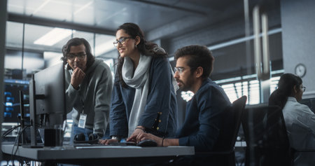 Group of Three Young Indian Software Engineers Use Computer to Discuss a Technological Project in Modern Industrial Office. Group of Male and Female Scientists Work in Researchの写真素材