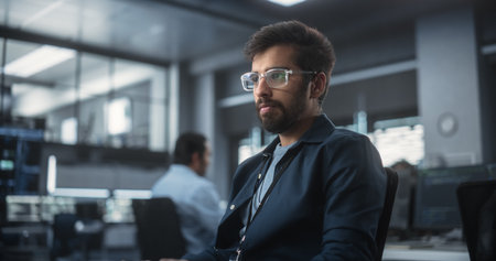 Handsome Indian Software Developer Working on Computer in a Technological Laboratory Environment. Young Man is Thoughtful at His Workplace, Drafting Research Ideas for anの写真素材