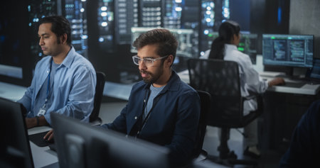 Portrait of a Handsome Indian Engineer Working on Desktop Computer in a Technological Office Environment. Research and Development Department Writing Software Code for anの写真素材