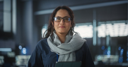 Portrait of a Happy Smiling Female Using Tablet Computer, Looking at Camera and Smiling. Empowered...