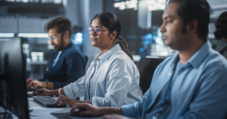 Young Team of Female and Male South Asian Specialists Working on Computers and Having a Conversation at a Workplace. Two Programmers Discussing a Solution for Theirの写真素材
