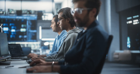 Young Passionate Specialist Working on Computer, Programming a Software for an Innovative Technological Internet Product Launch. Diverse Indian Team Working inの写真素材