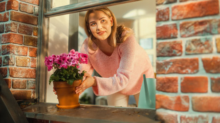 Close Up Portrait of a Young Female Watering Potted Flowers on a Window Sill in a Stylish Apartment....
