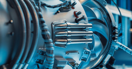 High Tech Futuristic Turbine Engine with Multiple Fans, Wires, Connectors. Jet Engine with Stylish Contemporary Design in Technological Silver Color. Project in Developmentの写真素材