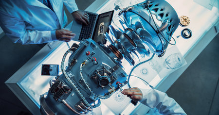 Top Down View of Two Engineers Discussing Work, Talking, Using Laptop Computer and Checking...