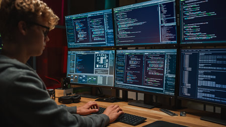 Young Caucasian Man Writing Code on Professional Six Monitors Setup in Dark Office. Male Cyber...