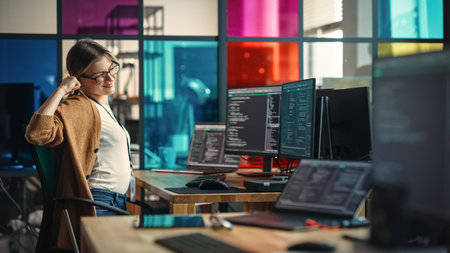 Young Caucasian Woman Programming On Desktop Computer With Two Monitors Setup in Spacious Office....
