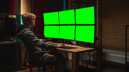 Young Caucasian Man Writing Code on Professional Six Monitors Setup With Green Screen Chromakey. Male Cyber Security Expert Controlling Protection System in Internationalの写真素材