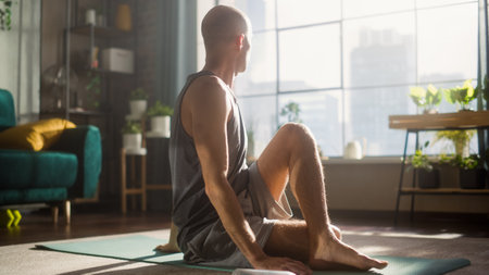 Fit Young Handsome Male Exercising, Stretching and Practising Yoga in the Morning in His Bright...