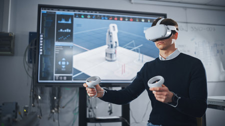 Student Engineer Wearing Virtual Reality Headset Holding Joysticks and Controlling Bionic Limb Under...