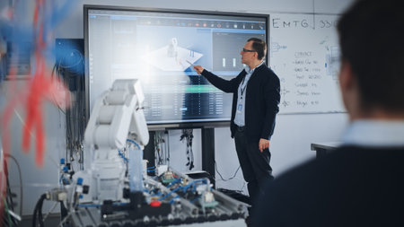 Male Professor Showing at the Big Screen During the Lesson. Diverse Group of Students Working Together on Modification of Functions of Technology Robot Arm for Engineeringの写真素材