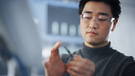 Asian Student Examining Micro Chip and Takes Out Memory Card While Working on Complicated Project in The Laboratory of Modern University. Futuristic Technologies, Scienceの写真素材
