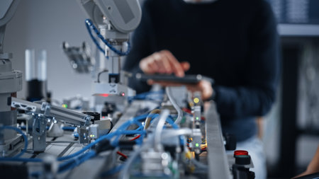 Male Student Typing on Tablet While His Classmate is Examining Computer Detail and Sharing Ideas. Asian Teenager Holding Microchip. Modern Technologies, Science and Developingの写真素材