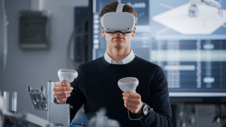 Male Student in VR Goggles Lifting and Moving Bionic Hand With Controllers While Doing His Project at the University of Technology. Computer Science andの写真素材