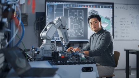 Asian Male Engineer Sitting at Table And Looking at Camera While Woking on New Engineering Project. Robot is Moving Under his Control. Education and Robotics Inの写真素材