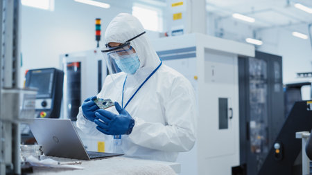 Electronic Manufacturing Factory: Engineer in Sterile Coverall Working on Laptop Computer, Examining...