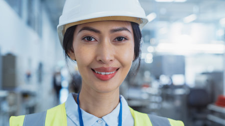 Close Up Portrait of a Beautiful, Happy and Smiling Asian Female Engineer in White Hard Hat Standing at Electronics Manufacturing Factory. Successful Heavy Industry Specialistの写真素材