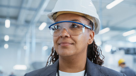 Close Up Portrait of a Happy and Smiling Middle Aged African Female Engineer in White Hard Hat Standing at Electronics Manufacturing Factory. Black Heavy Industryの写真素材