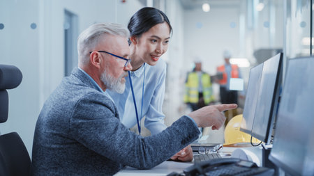 Factory Office Design Agency: Industrial Engineers Discussing 3D Layouts of a Heavy Industry...