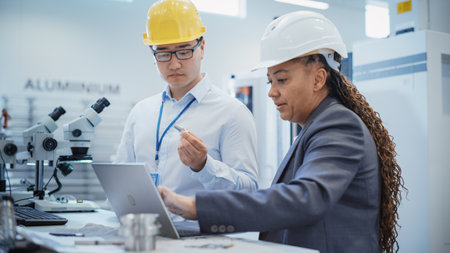 Two Professional Diverse Multiethnic Heavy Industry Specialist in Hard Hats Using a Laptop Computer at a Factory. Discussing an Industrial Machine Part, Comparing the Pieceの写真素材