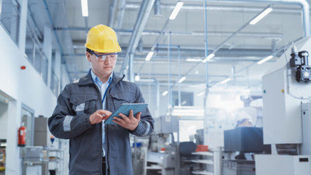 Portrait of a Young Asian Man, Working as an Engineer at a Factory Facility, Wearing Work Jacket and...