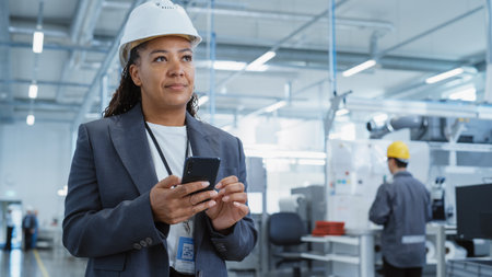Portrait of a Black Female Engineer in Hard Hat Standing and Using a Smartphone at Electronics Manufacturing Factory. Technician is Writing a Message andの写真素材