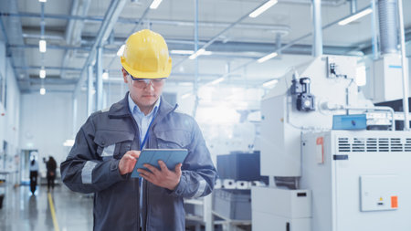 Portrait of a Young Asian Man, Working as an Engineer at a Factory Facility, Wearing Work Jacket and...