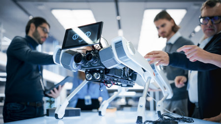 Diverse Team of Industrial Robotics Specialists Gathered Around a Table With a Mobile Robot....