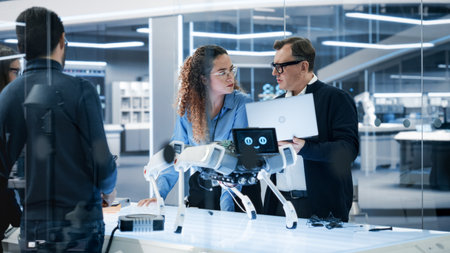 Diverse Team of Industrial Robotics Specialists Gathered Around a Table With a Mobile Robot....
