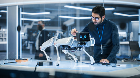 Portrait of Hispanic Engineer Using a Screwdriver While Building and Developing a Robot Dog Concept....