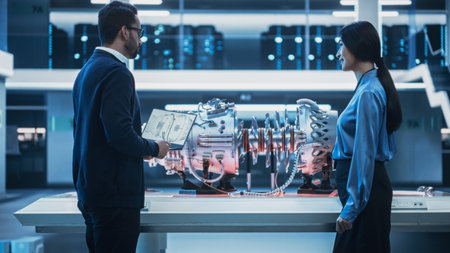 Two Multiethnic Employees Standing in a Modern High Tech Research Facility with Futuristic Turbine Motor. Engineer Explaining How the Prototype Engine Works to an Industrialの写真素材