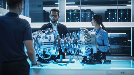 Thrust Engine Engineer, Project Manager and Machinery Operator Work on a Futuristic Turbine Motor, Standing with Tablet Computer in Scientific Technology Lab. Professional Teamの写真素材