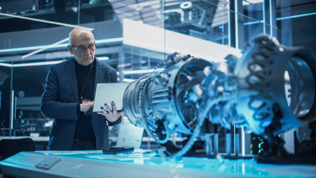 Middle Aged Industrial Engineer Working on a Futuristic Jet Engine, Standing with Laptop Computer in...